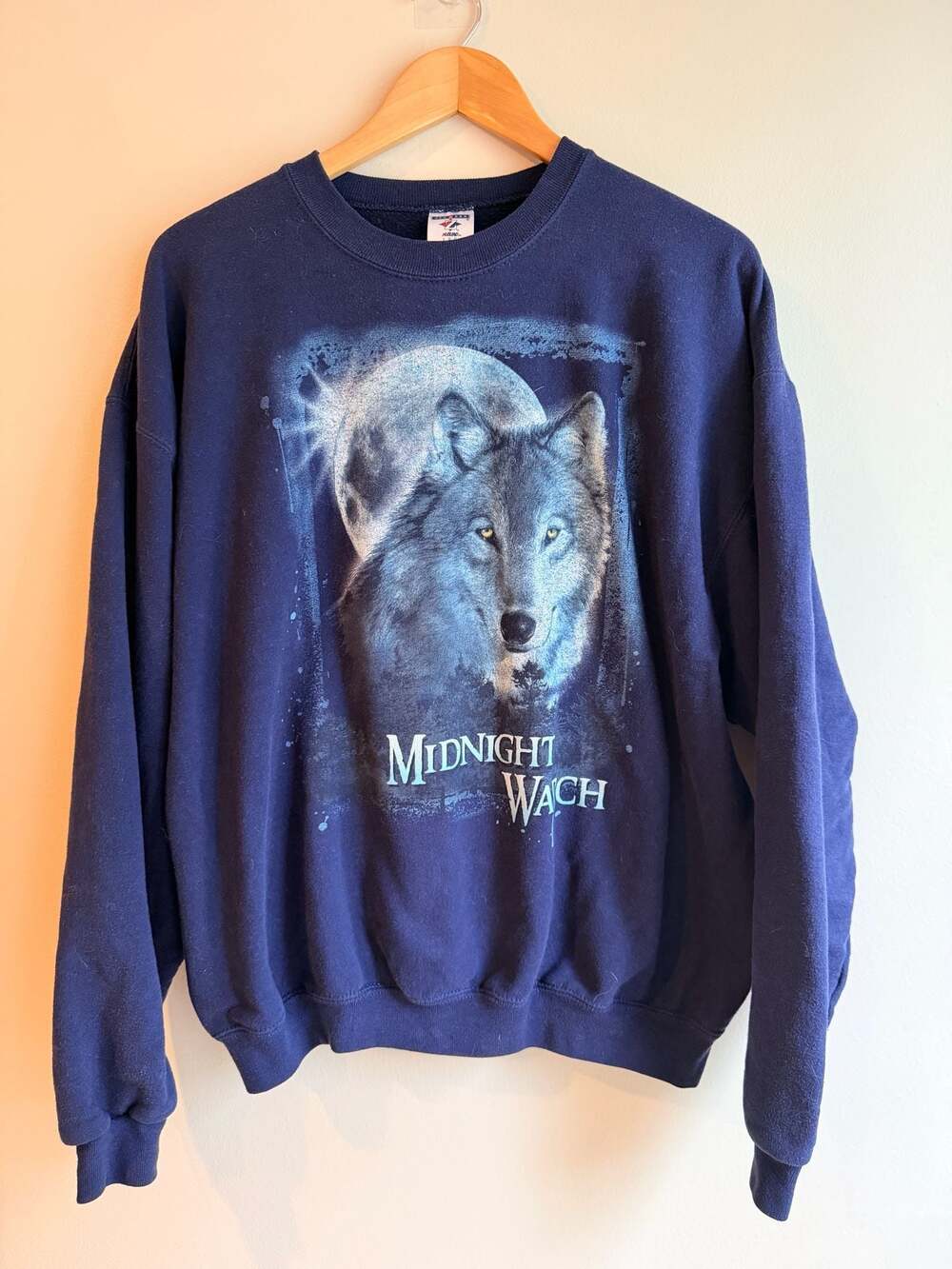 Jerzees Midnight Watch Wolf Graphic Sweatshirt Navy Blue Size Large
